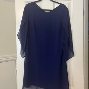 SLNY Navy Blue Chiffon Overlay Shift Dress